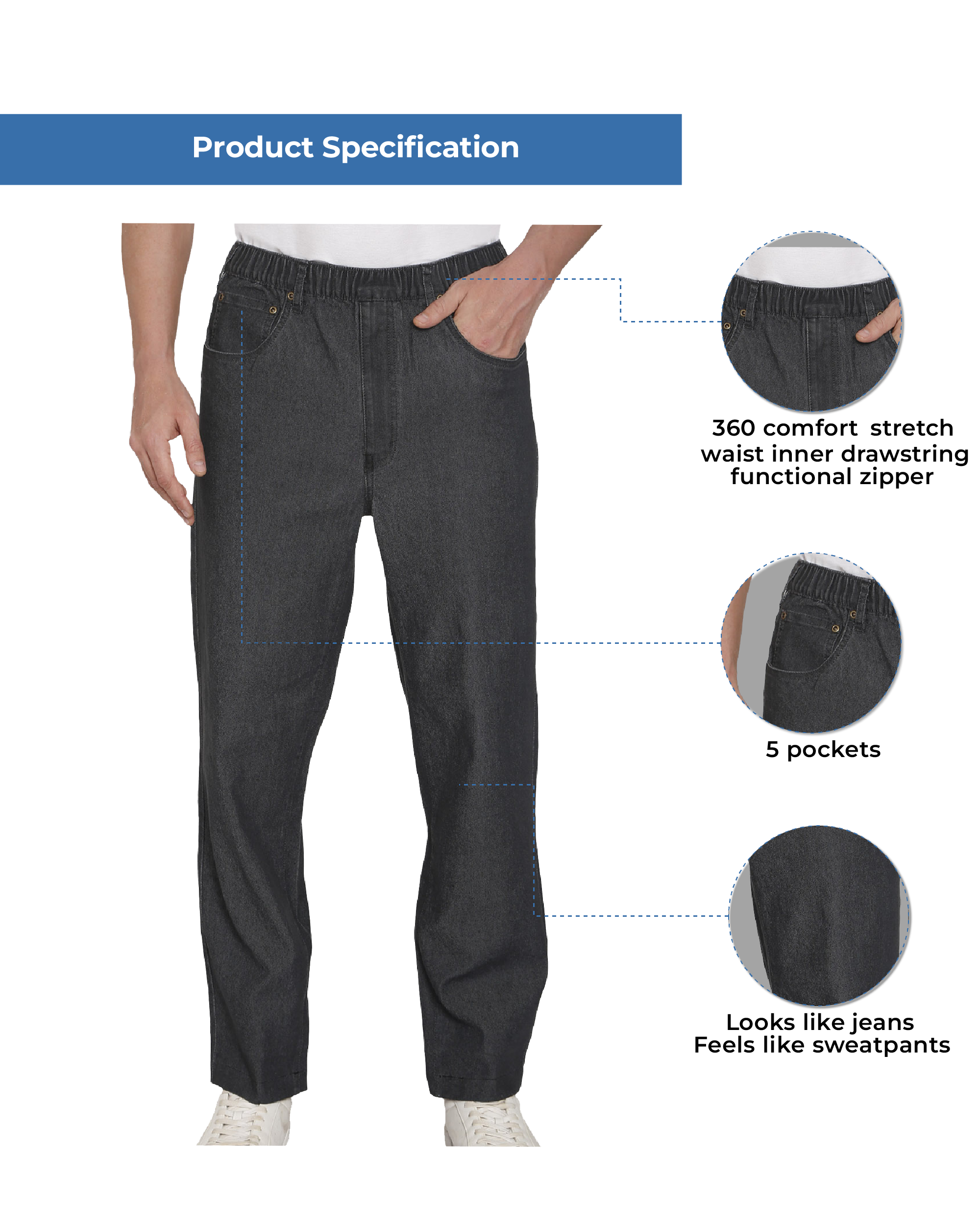 Men's Casual Elastic Waist Denim & Twill Pull on Jeans Pants